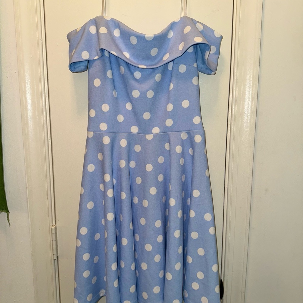 B Darlin Blue Polka Dot Off-Shoulder Dress